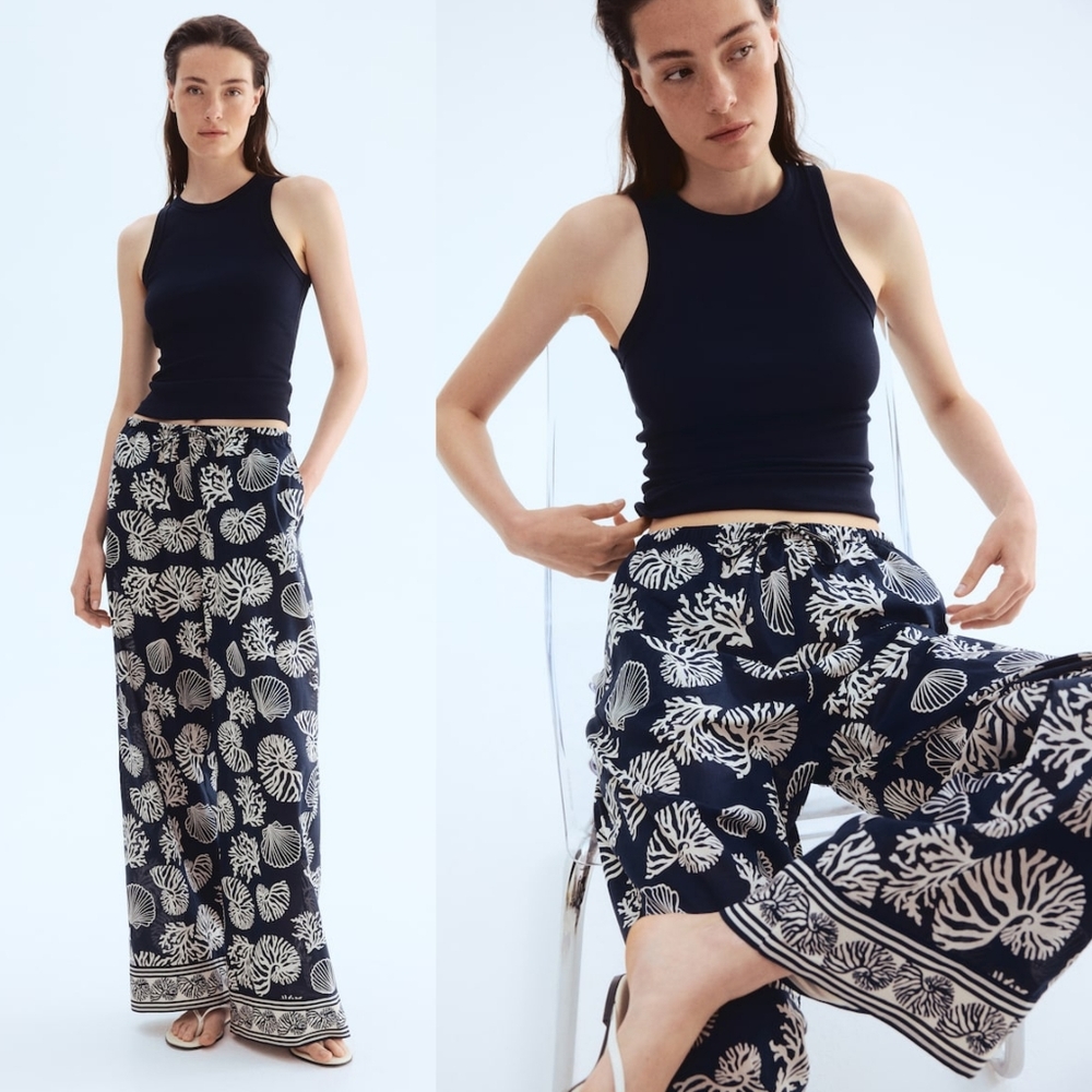 NWT H&M Cotton Drawstring Pants - Navy Blue Seashells